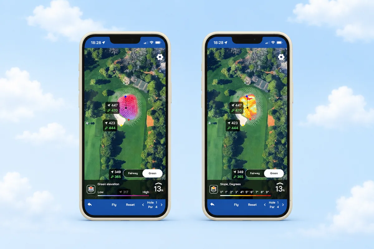 Side-by-side of slope view and elevation view of the same green