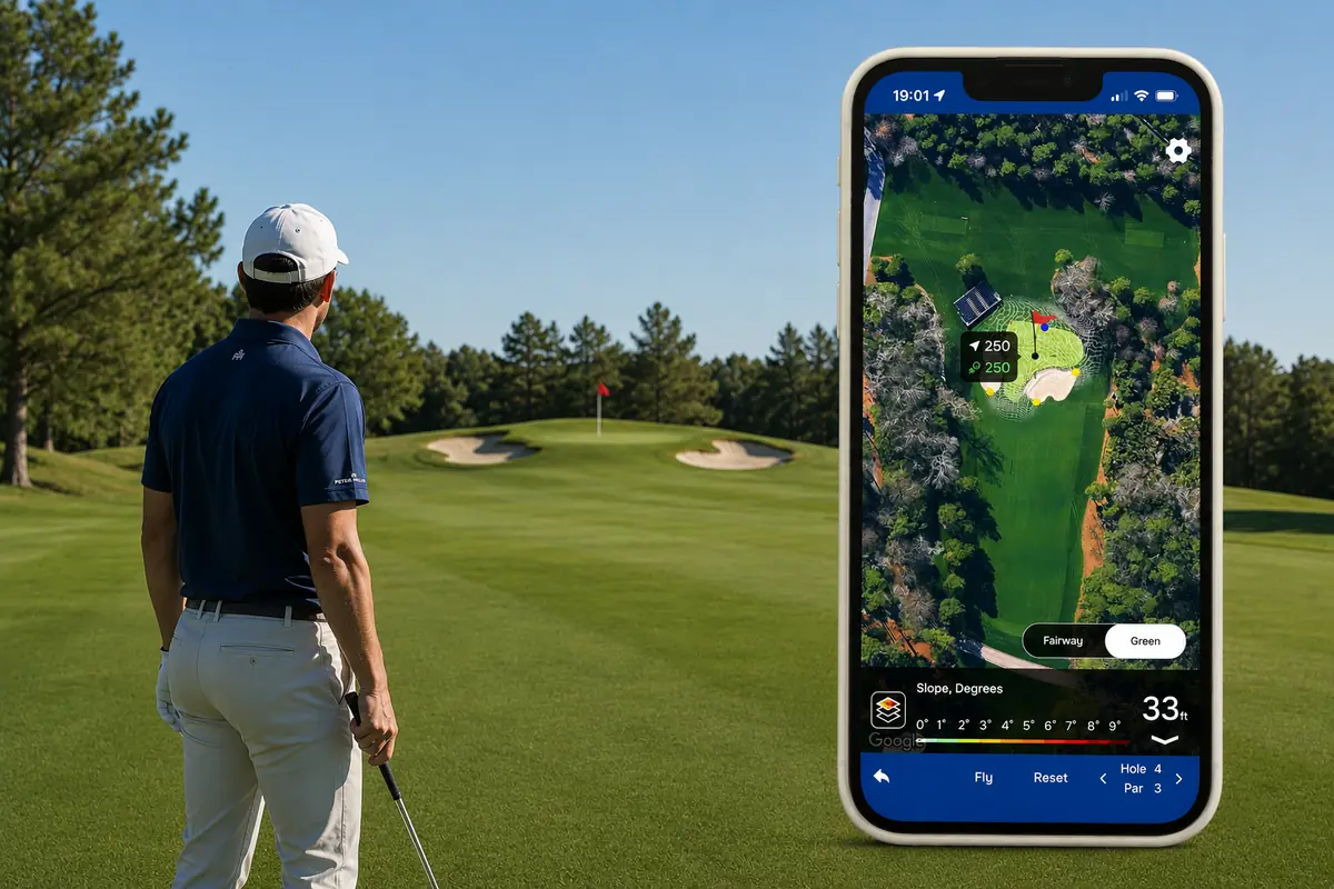 Approach shot planning: hole map with distance to a back-tier pin and PLAYS LIKE distance shown