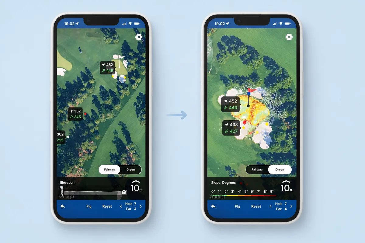 The Fairway/Green toggle in map view, before and after tapping