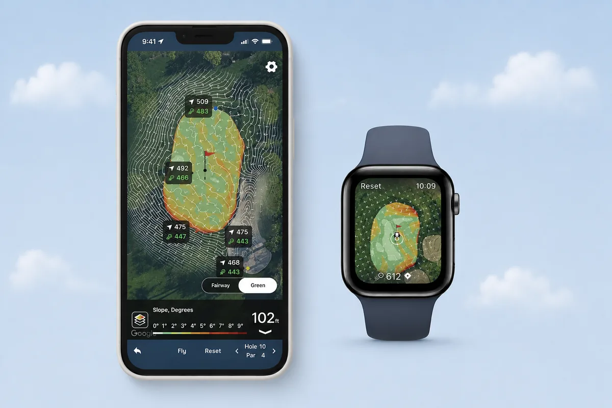 Golf Pad green view showing slope arrows and color-coded contours on a par 4 green
