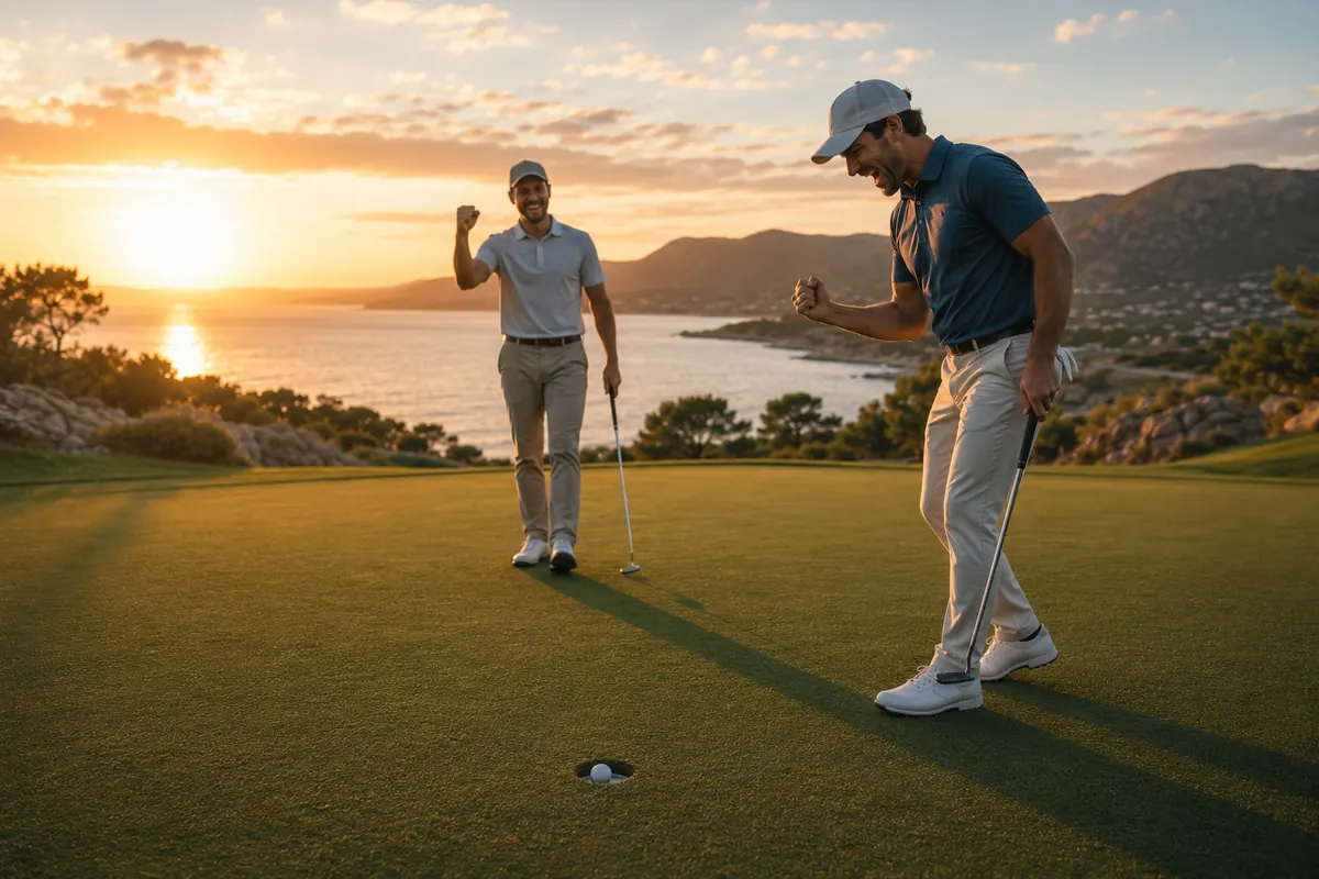 Two golfers celebrating a made putt on a seaside green at sunset
