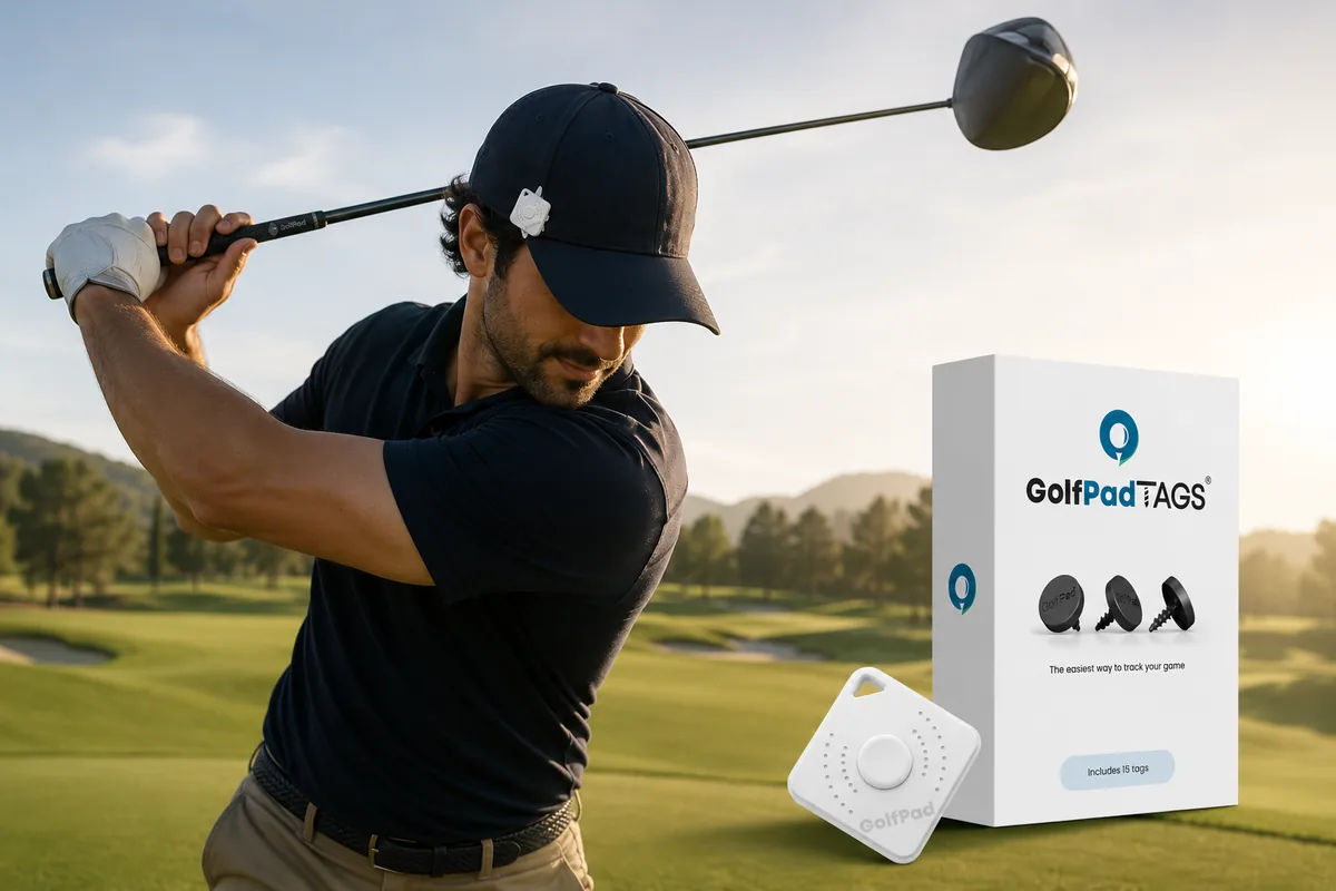 Golf Pad TAGS on a club grip and the tap-to-track motion, with CLICK device alongside