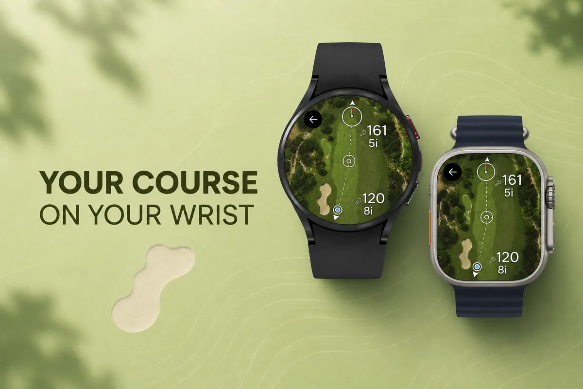 Golf Pad on Apple Watch and a Wear OS watch showing hole map and distances