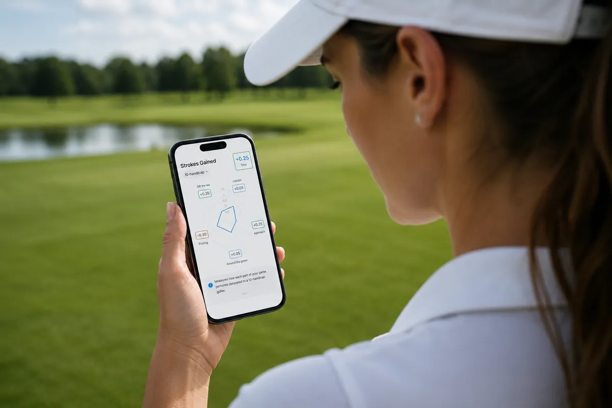 Golf Pad app statistics dashboard showing benchmark performance comparisons