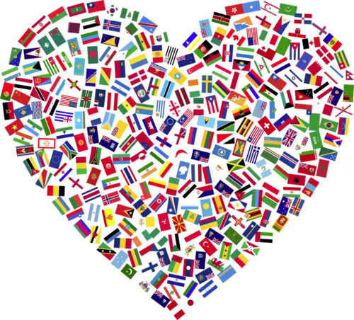 Global heart image with country flags