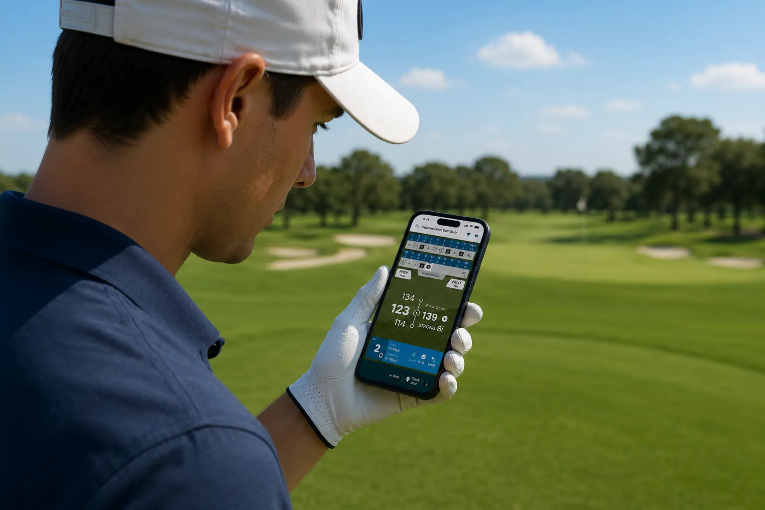A golfer checking GPS distances and a club recommendation on the Golf Pad app during a round