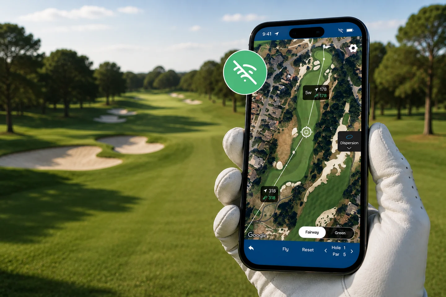 A gloved hand holding a phone showing the Golf Pad aerial course map with yardages and a no-signal icon on a golf course