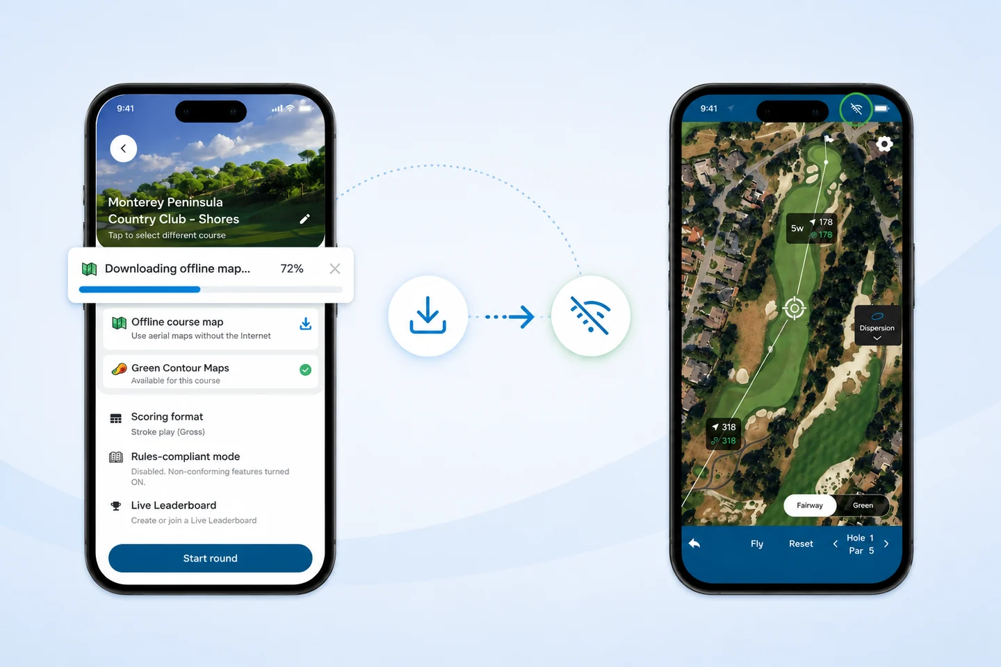 Golf Pad downloading an offline course map on one phone and the aerial course map working with no signal on another