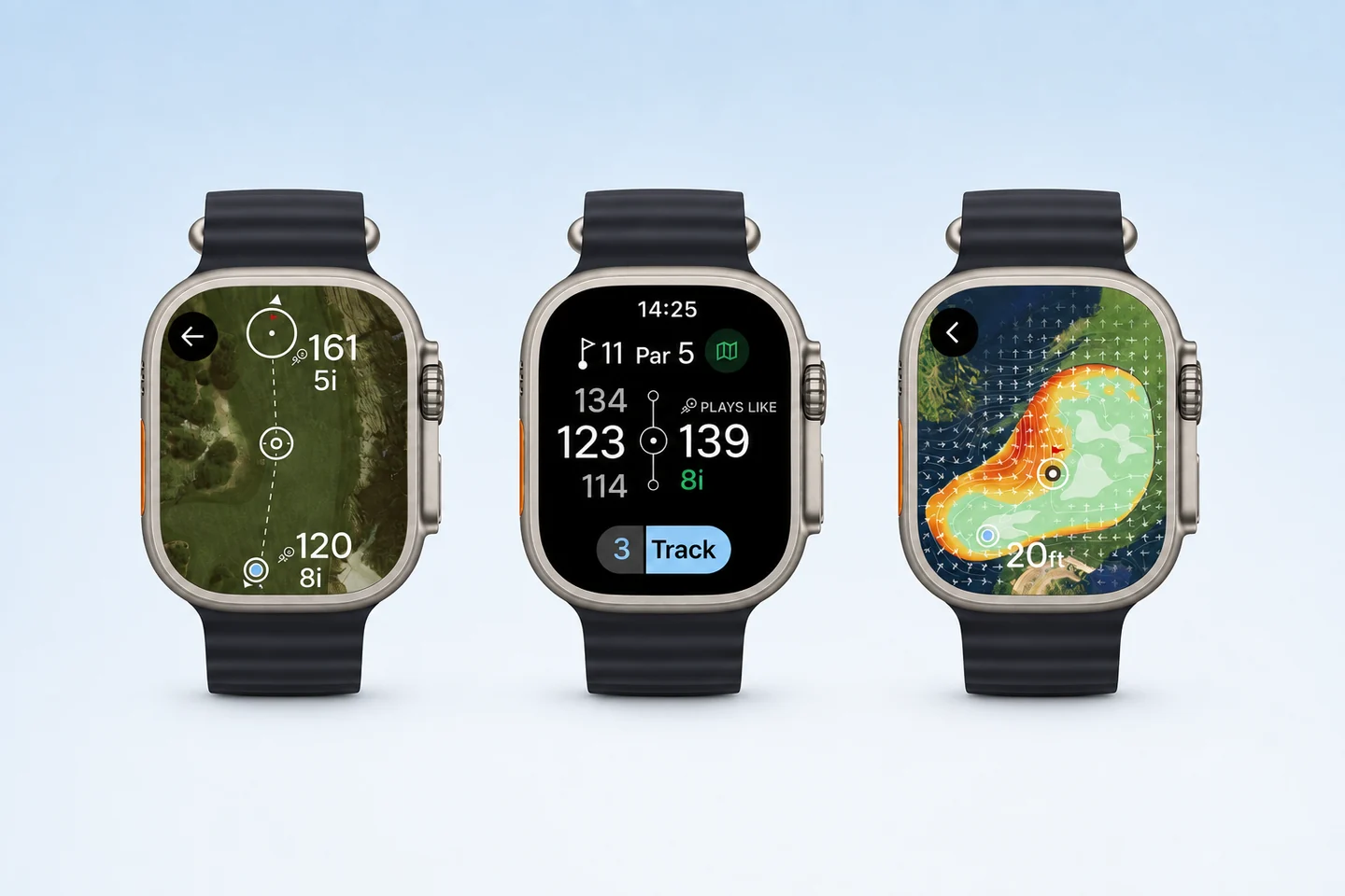 Three Apple Watch screens showing the Golf Pad app: aerial course map with distances, front, middle and back rangefinder yardages, and a green contour and wind view