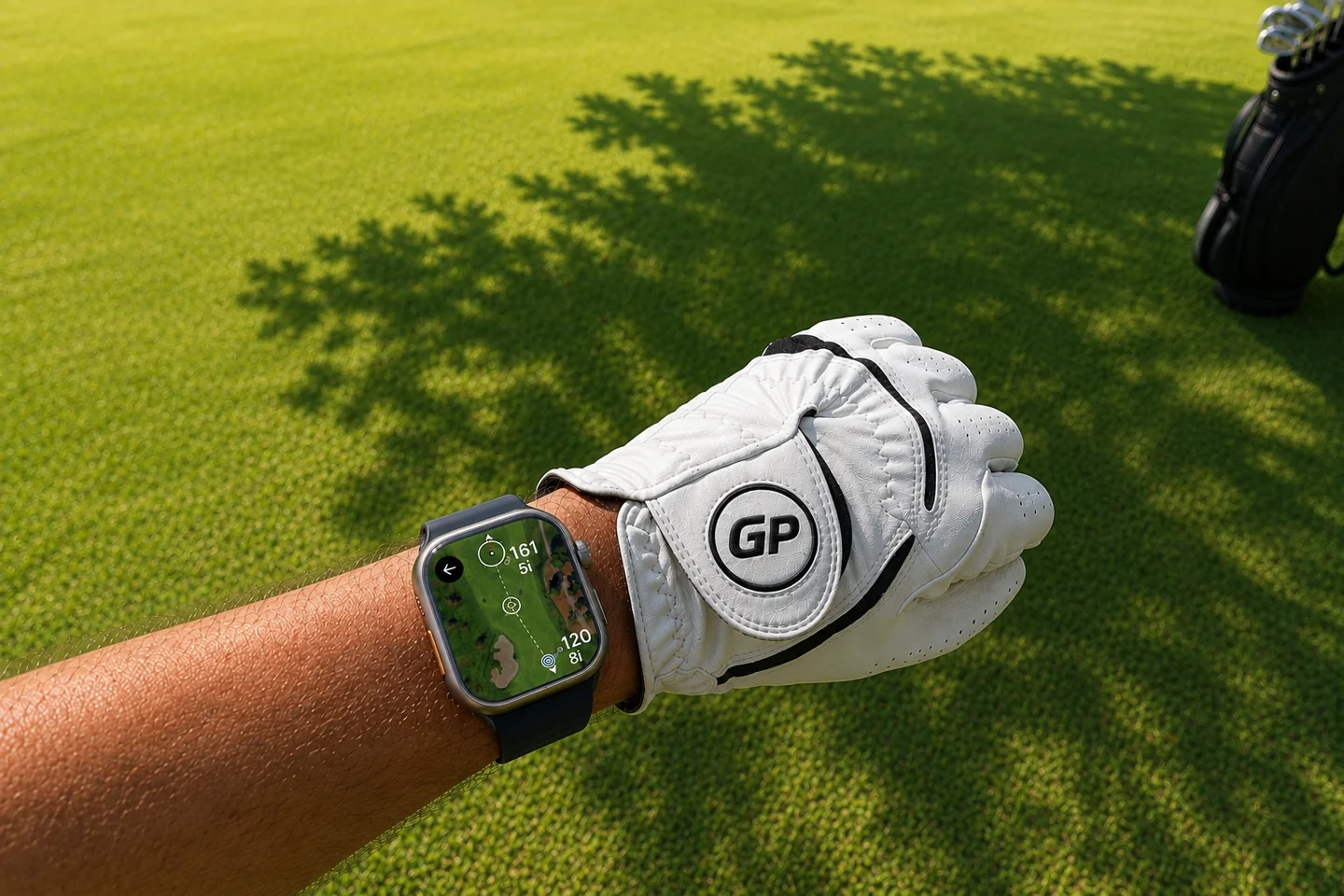 An Apple Watch on a golfer's wrist showing the Golf Pad course map with yardages and a GP golf glove on the course