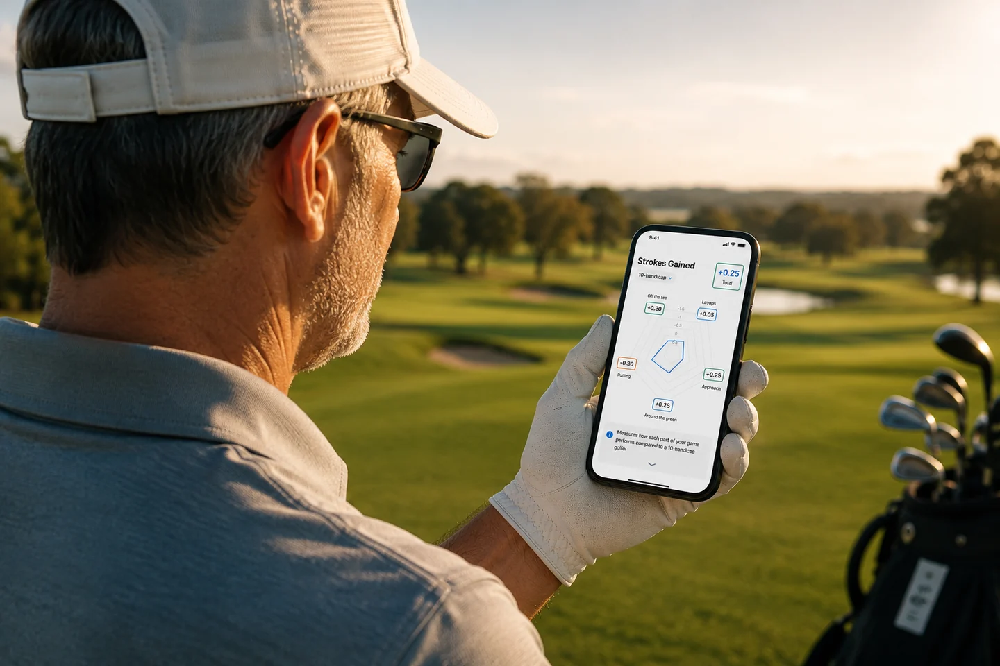 A golfer on the course holding a phone showing the Golf Pad Strokes Gained stats screen with a 10-handicap benchmark