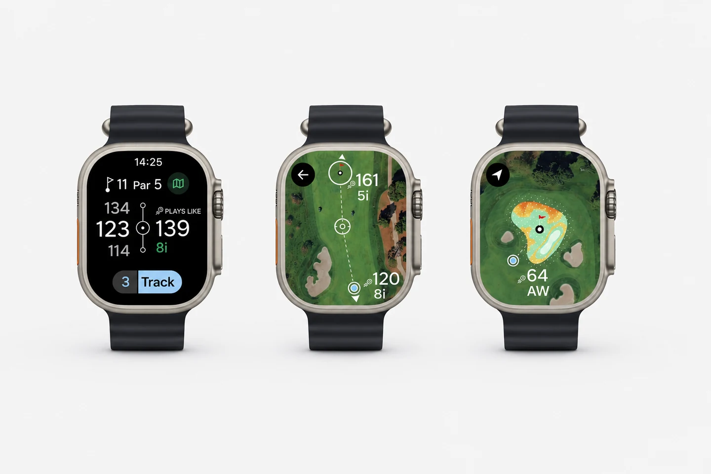 Three Golf Pad app screens on Apple Watch Ultra: hole distances with Plays Like, an aerial course map with rangefinder, and a green contour view