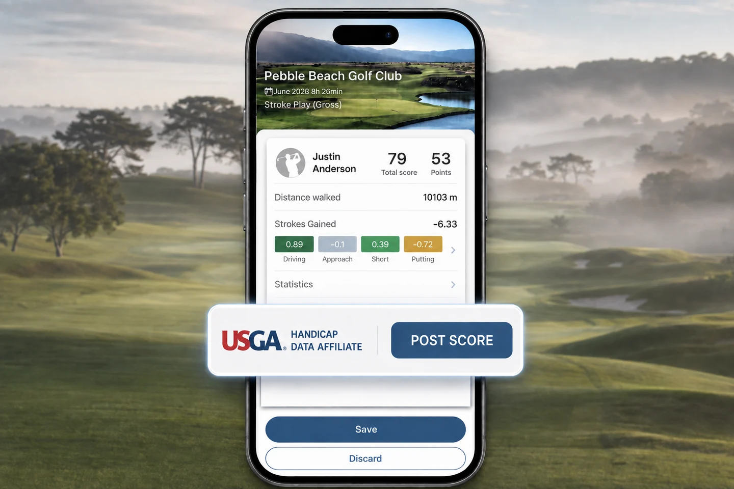 Golf Pad round summary showing Strokes Gained by category and a USGA Handicap Data Affiliate Post Score button