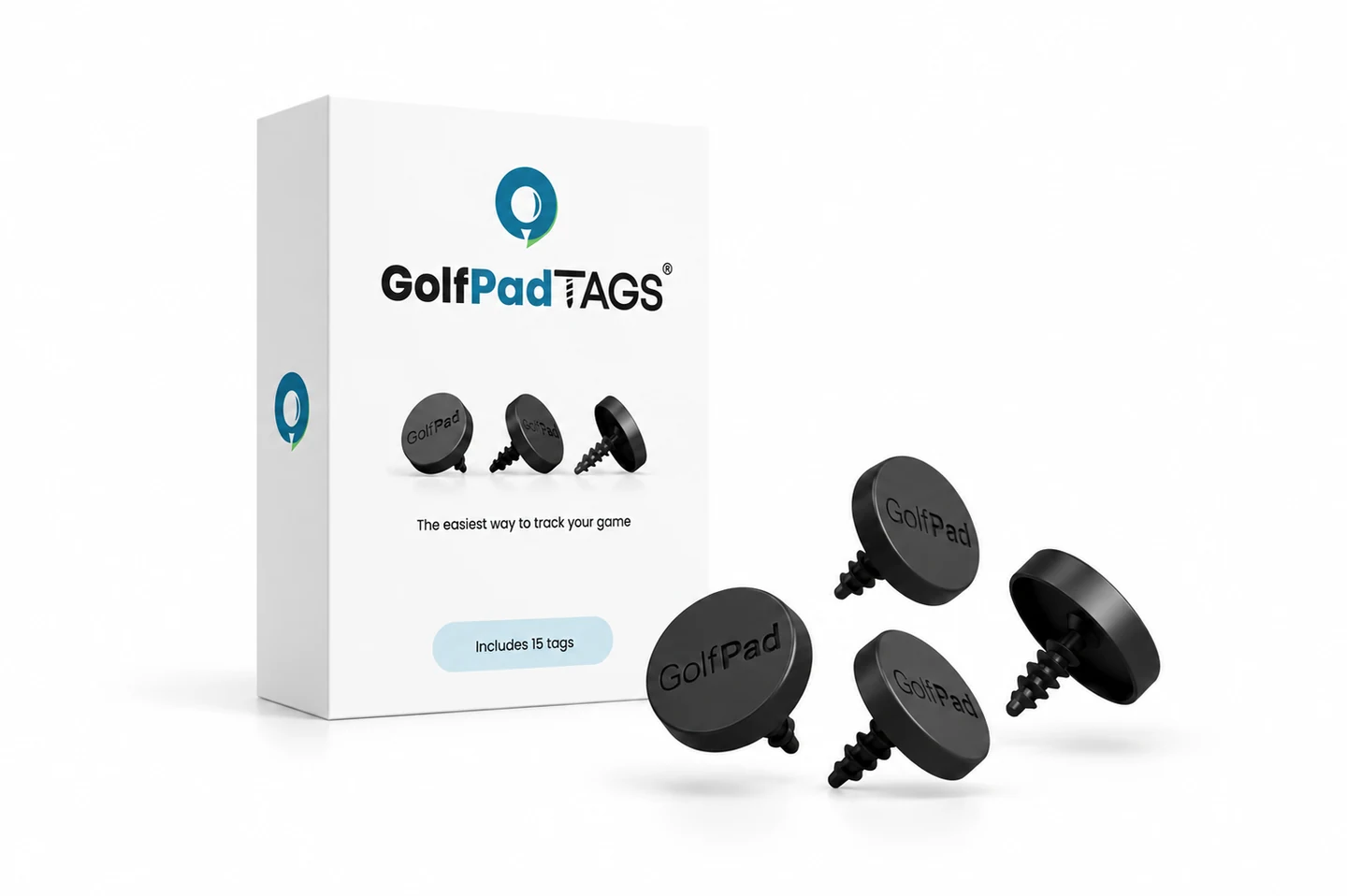 The Golf Pad TAGS kit: a box of 15 NFC tags that clip onto your golf clubs