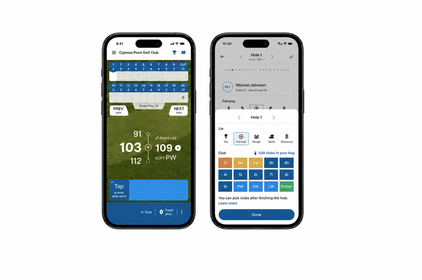 Manual shot entry in the Golf Pad app: a scorecard with quick score and Track shot, and a lie and club picker
