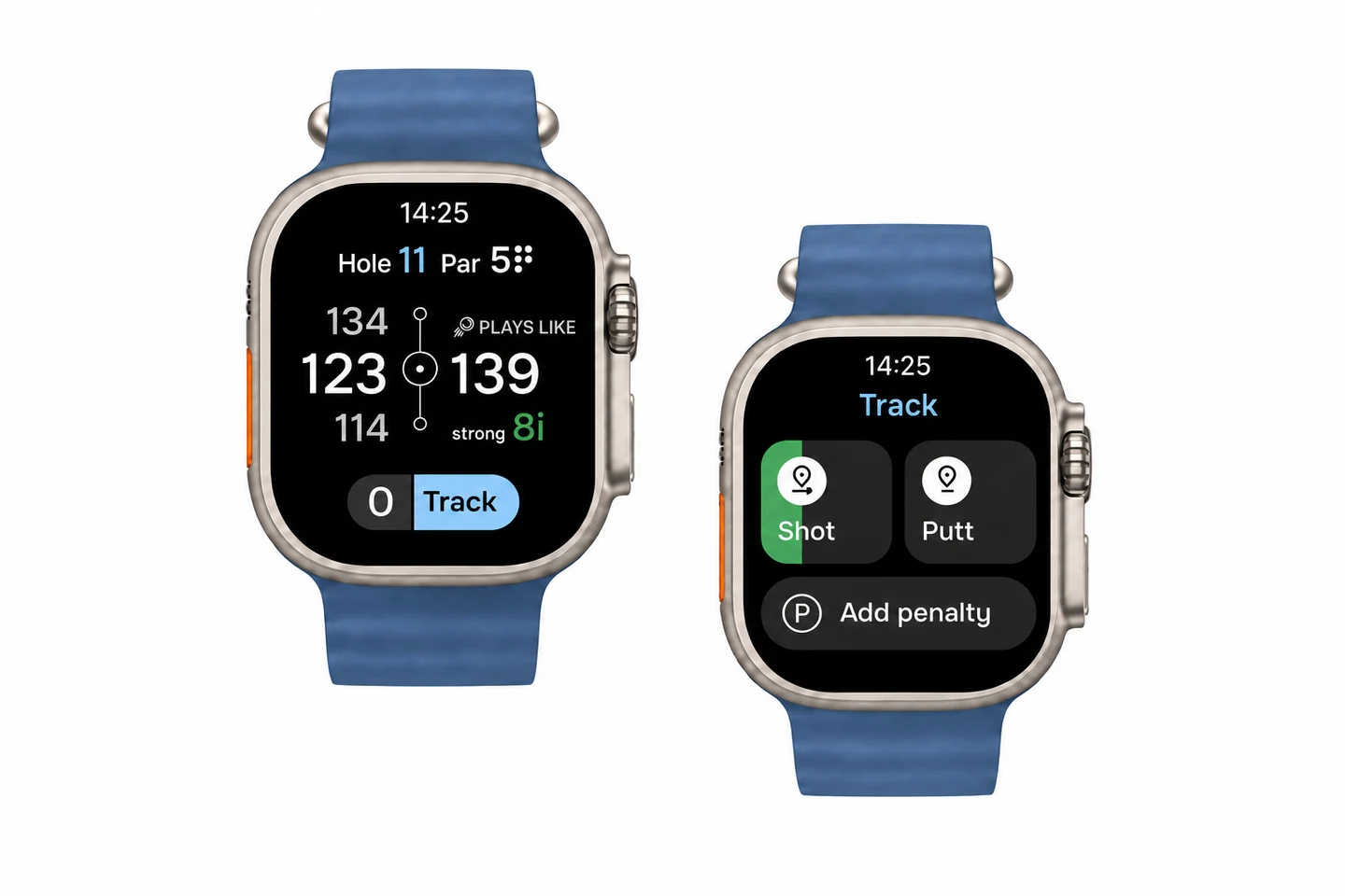 Golf Pad on a smartwatch: hole distances with Plays Like, and a Track screen with Shot, Putt, and Add penalty
