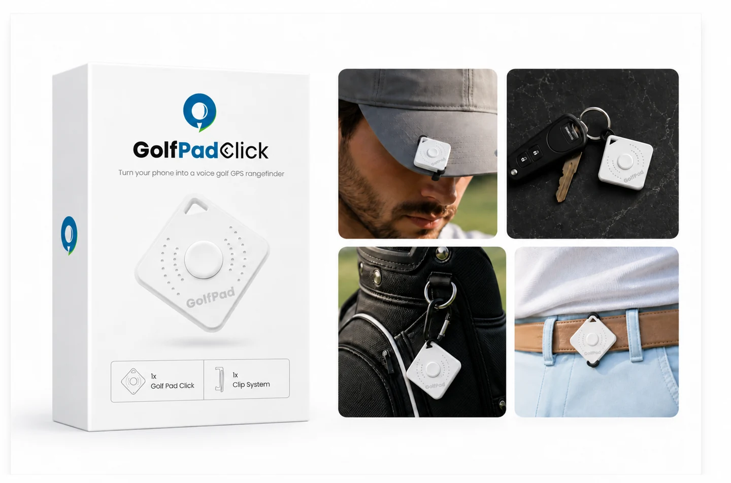 The Golf Pad Click kit: the Bluetooth button and clip, shown on a cap, keys, golf bag, and belt
