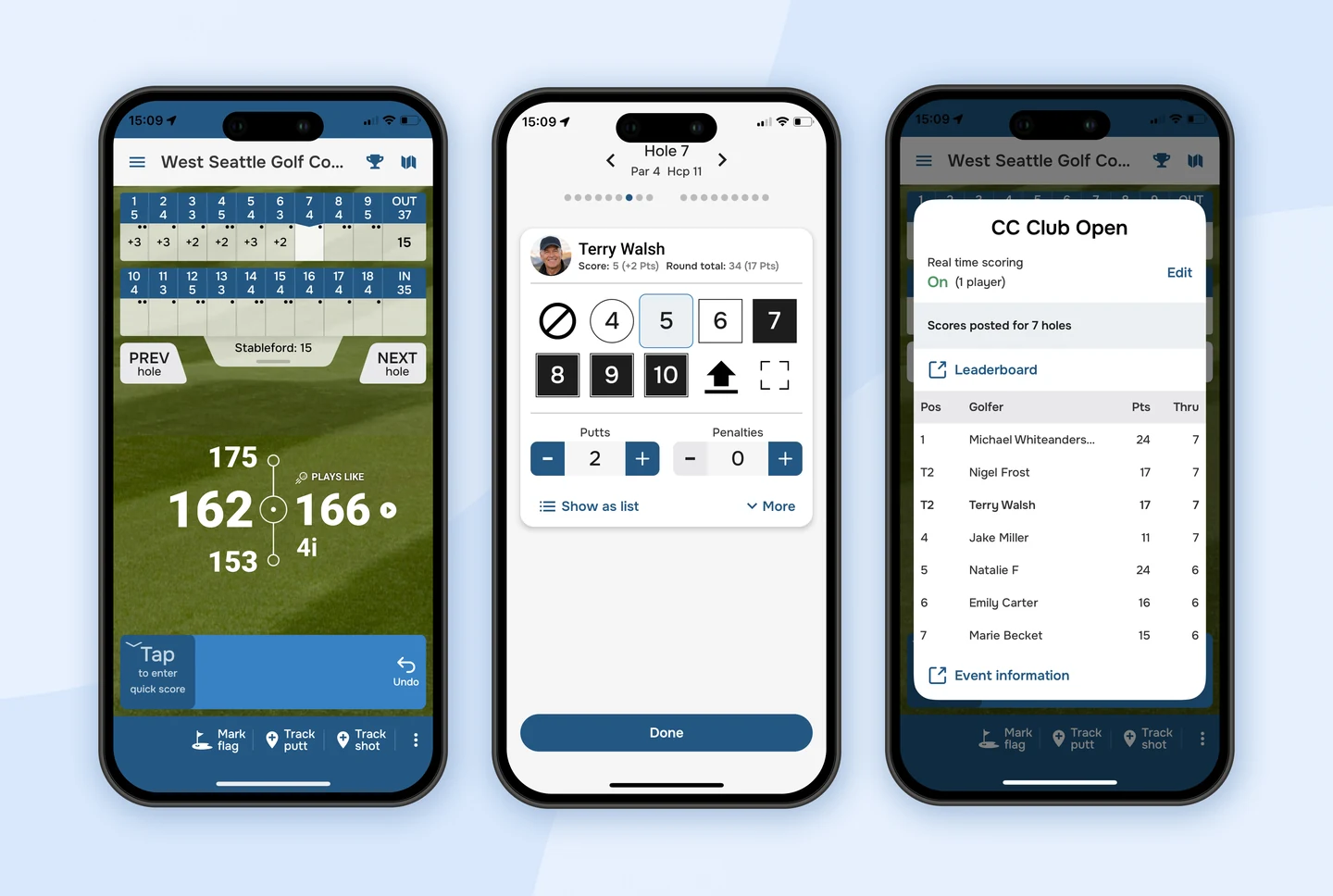 Golf Pad Events inside the Golf Pad GPS app: the GPS scorecard, entering a hole score with putts and penalties, and the live event leaderboard