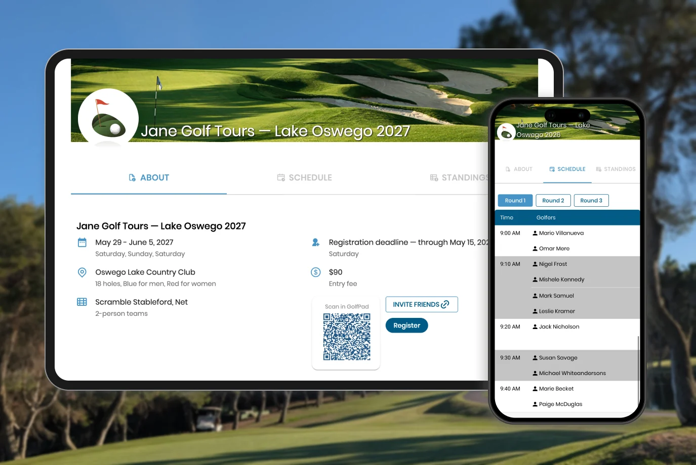 The public Golf Pad Events page: event details, schedule, entry fee, and a QR code to register in Golf Pad, with tee-time pairings by round on a phone