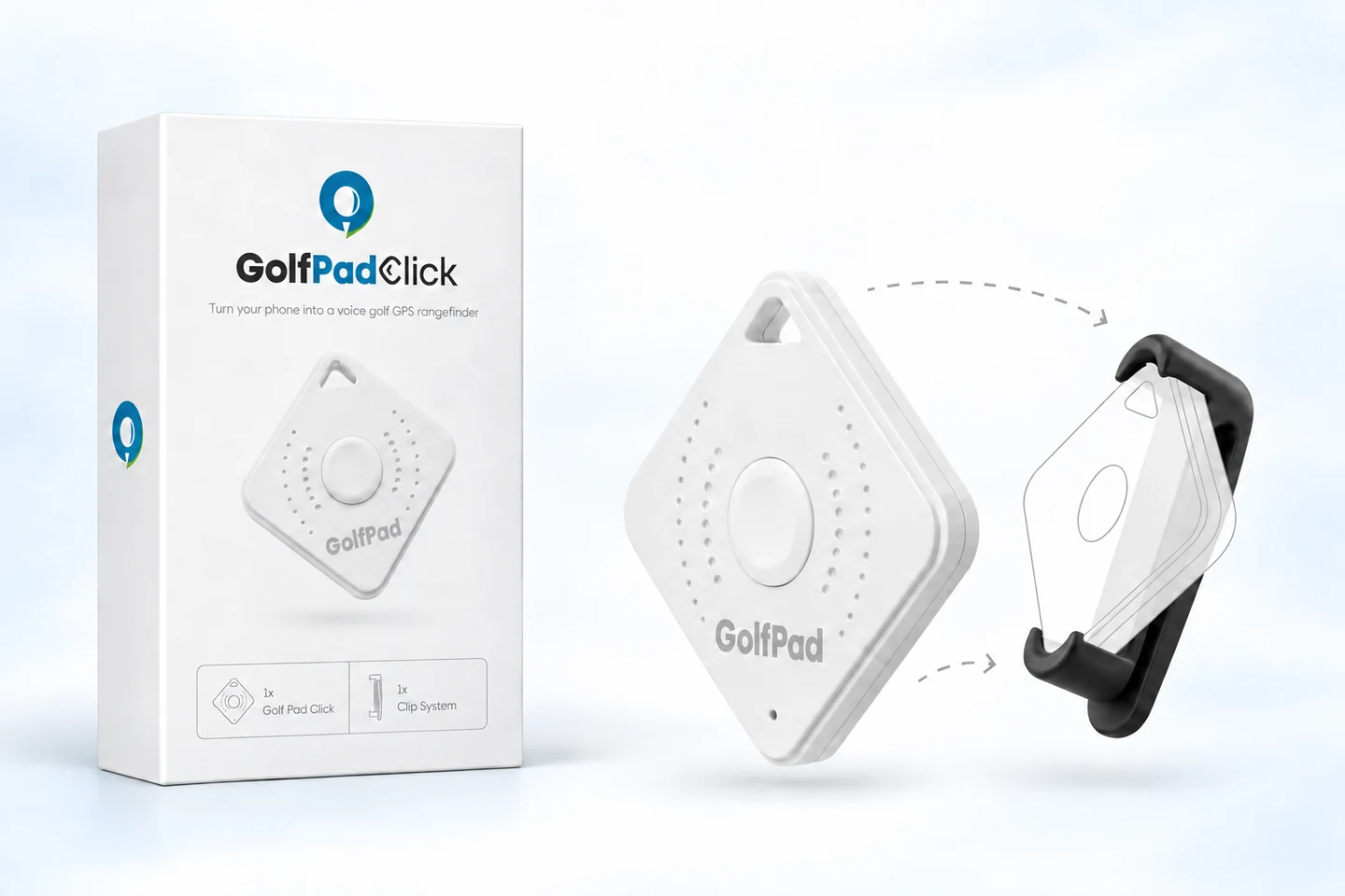 What's in the box: the Golf Pad Click retail box, the Bluetooth button, and the clip system it attaches to