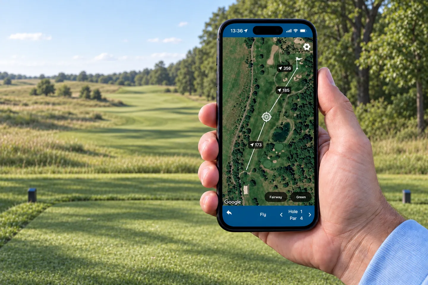 The Golf Pad app's aerial course map on a phone held over the tee, showing GPS distances to the front, middle, and back of the green