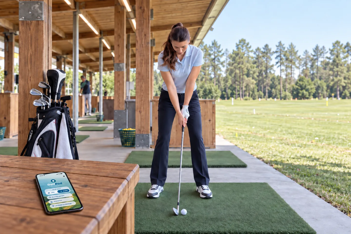 A beginner golfer hitting balls at the driving range, with the Golf Pad app open on a phone on the bench beside her clubs