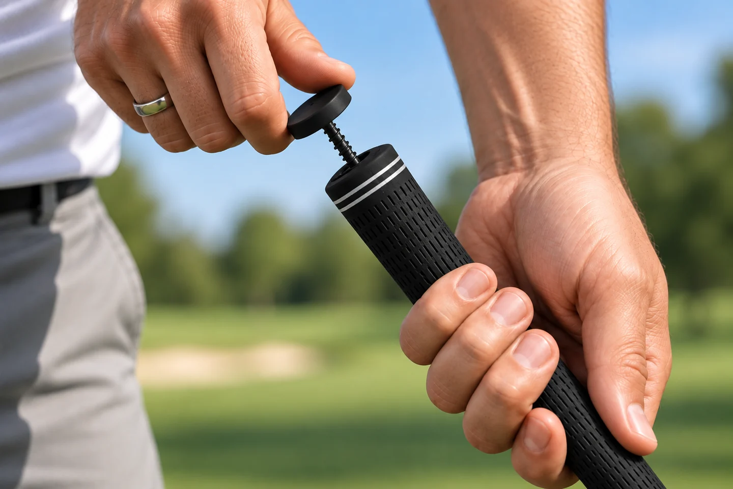 A golfer fitting a Golf Pad shot-tracking tag onto the top of a golf club grip on the course