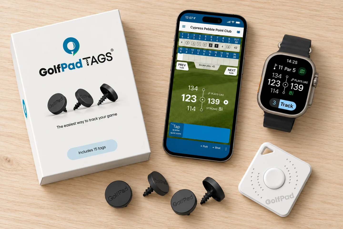Golf Pad's four ways to track a round: the TAGS box with NFC tags, the Golf Pad app on a phone, the app on an Apple Watch, and the Golf Pad Click button