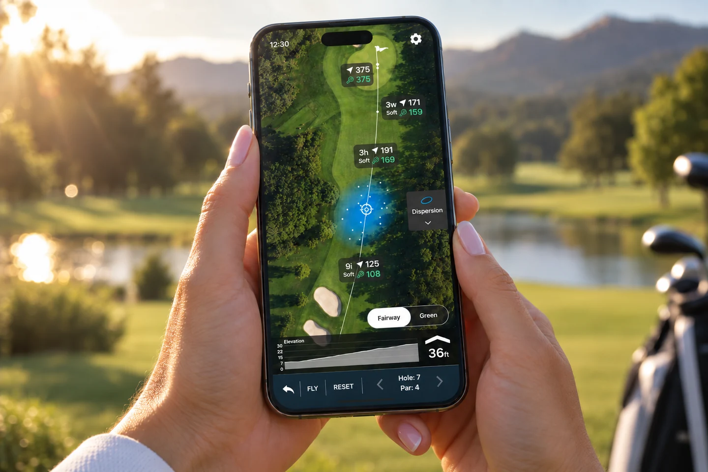 A golfer holding a phone showing the Golf Pad GPS hole map with distances, dispersion, and elevation, on a course with a lake and mountains behind