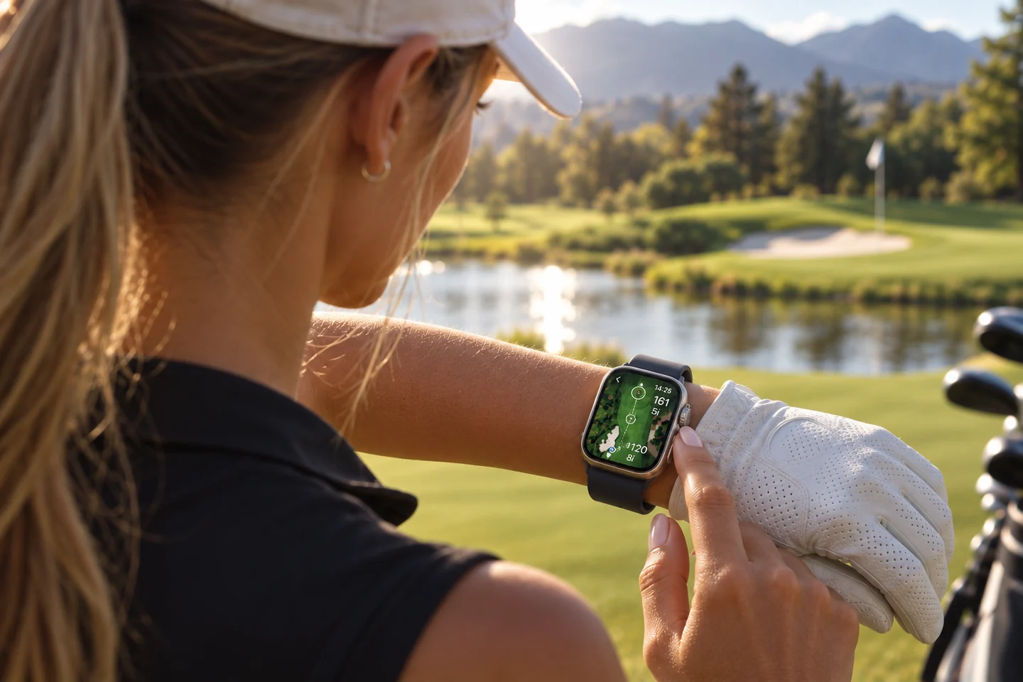 A woman golfer checking Golf Pad yardages and the hole map on her Apple Watch on the course, phone not in hand