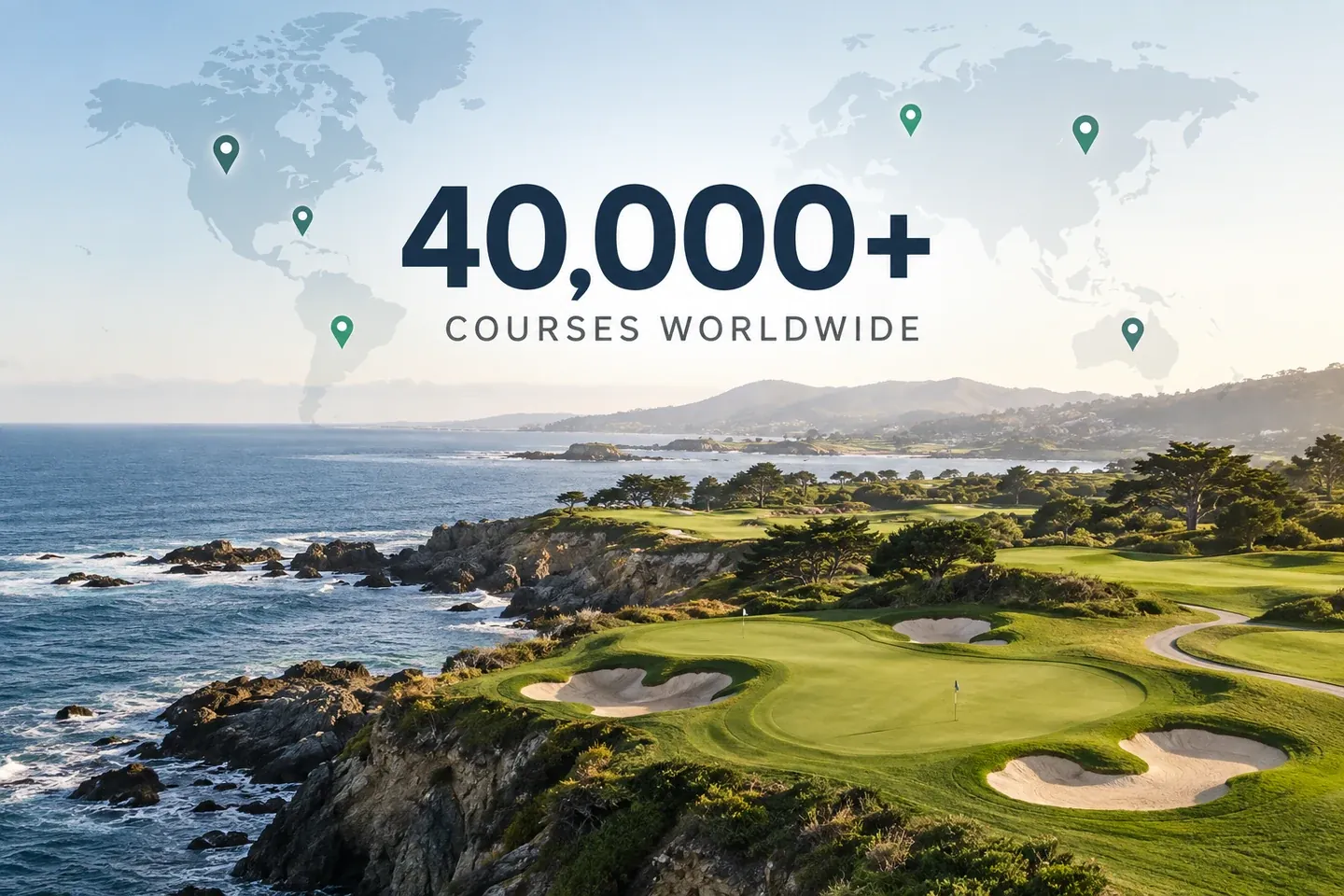 40,000+ courses worldwide: a world map with location pins over a coastal golf course, both Golf Pad and Golfshot cover 40,000+ courses
