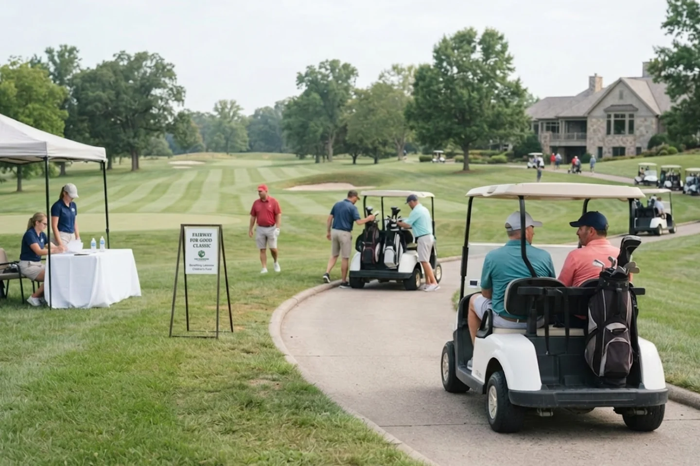 A charity golf tournament in progress: a registration tent, an event sign, golfers, and golf carts on the cart path by the fairway