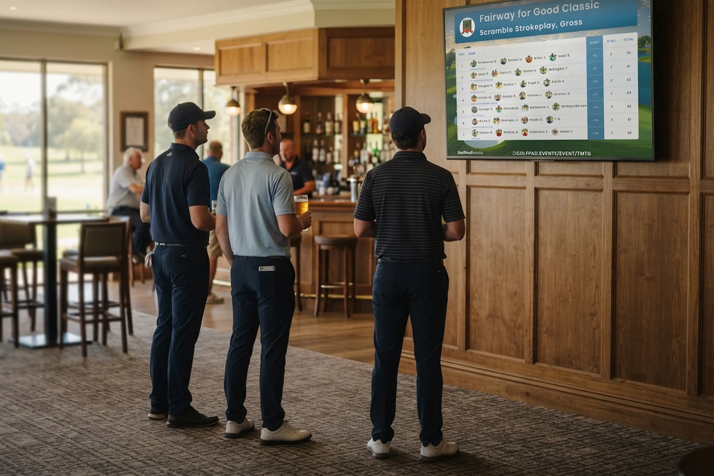Golfers in the clubhouse watching a live Golf Pad Events leaderboard on a TV after a charity tournament round