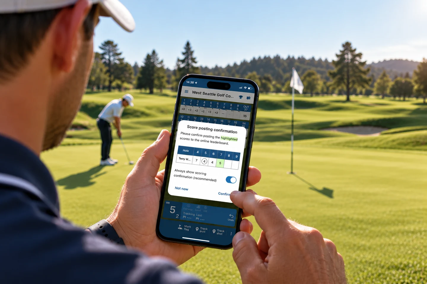 Golfer confirming hole scores before they post to the live tournament leaderboard in the Golf Pad app