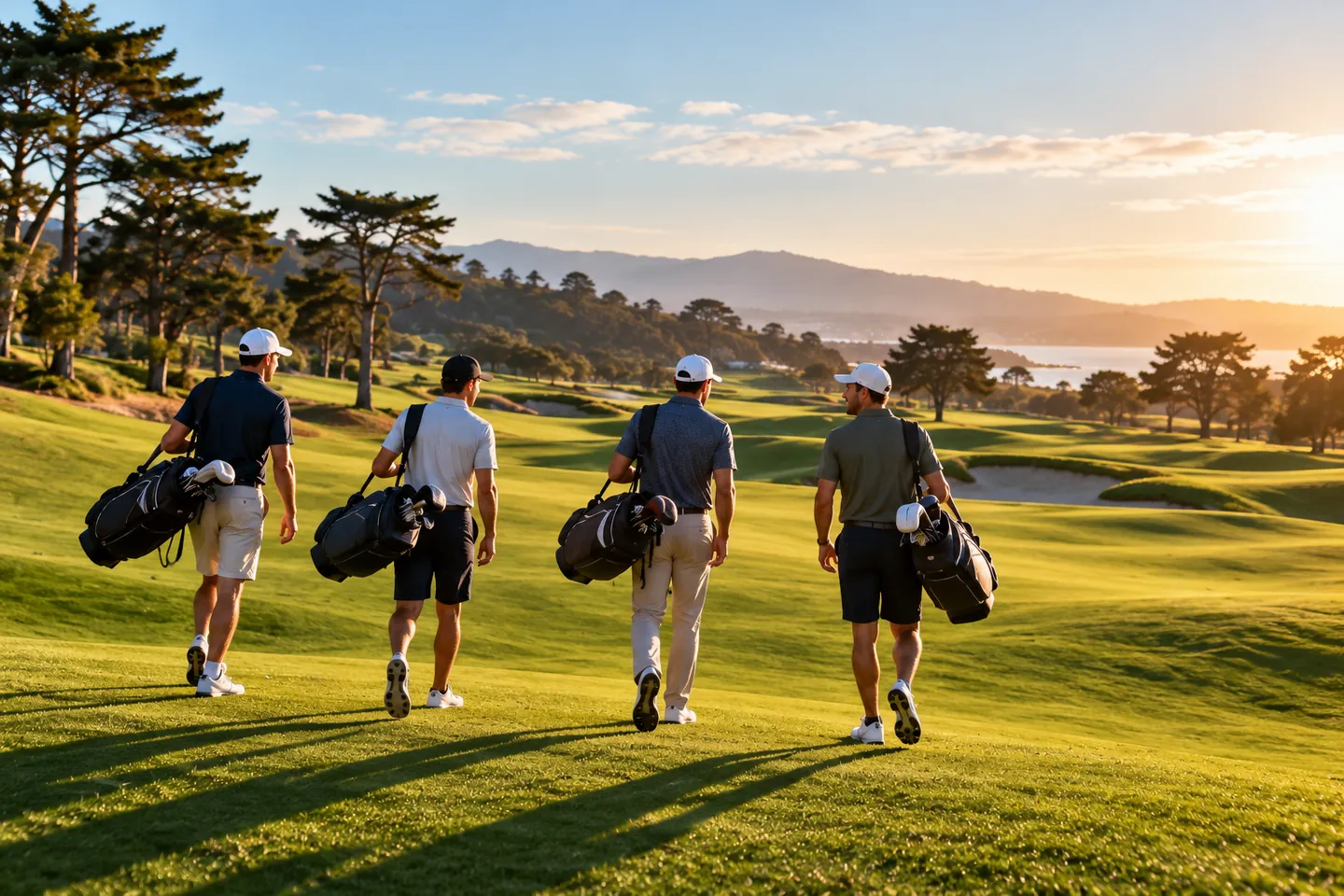 Four golfers carrying their bags down a fairway at sunset on a coastal golf course