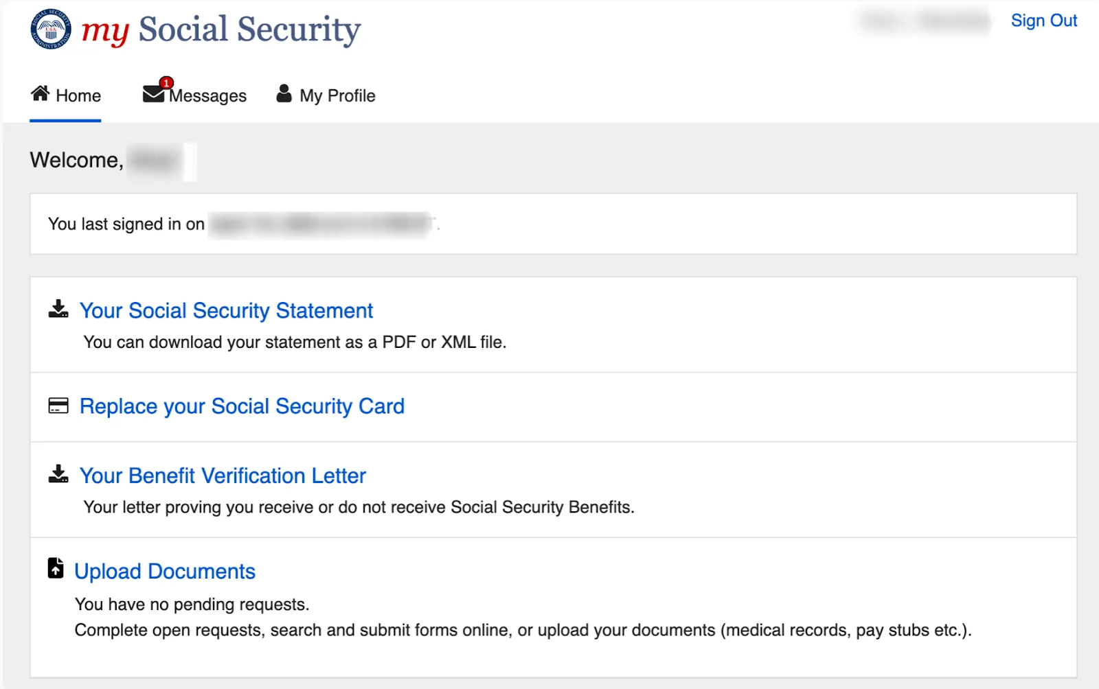 My Social Security Dashboard messages.