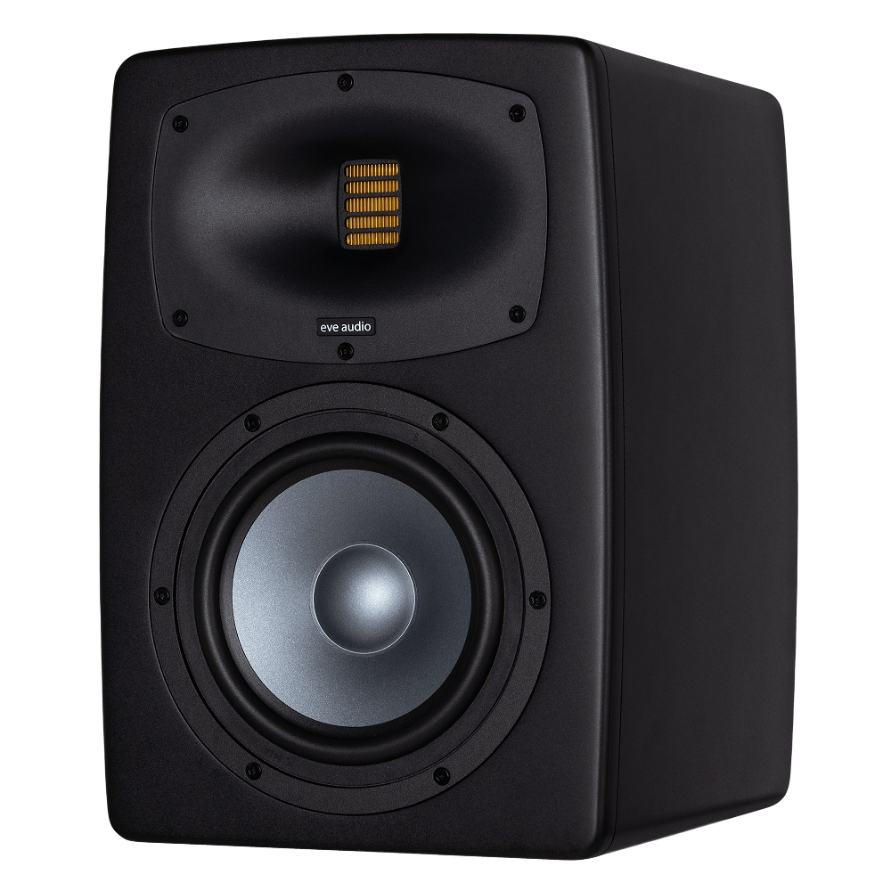 The EXO 27 studio monitor shown from a front side angle.