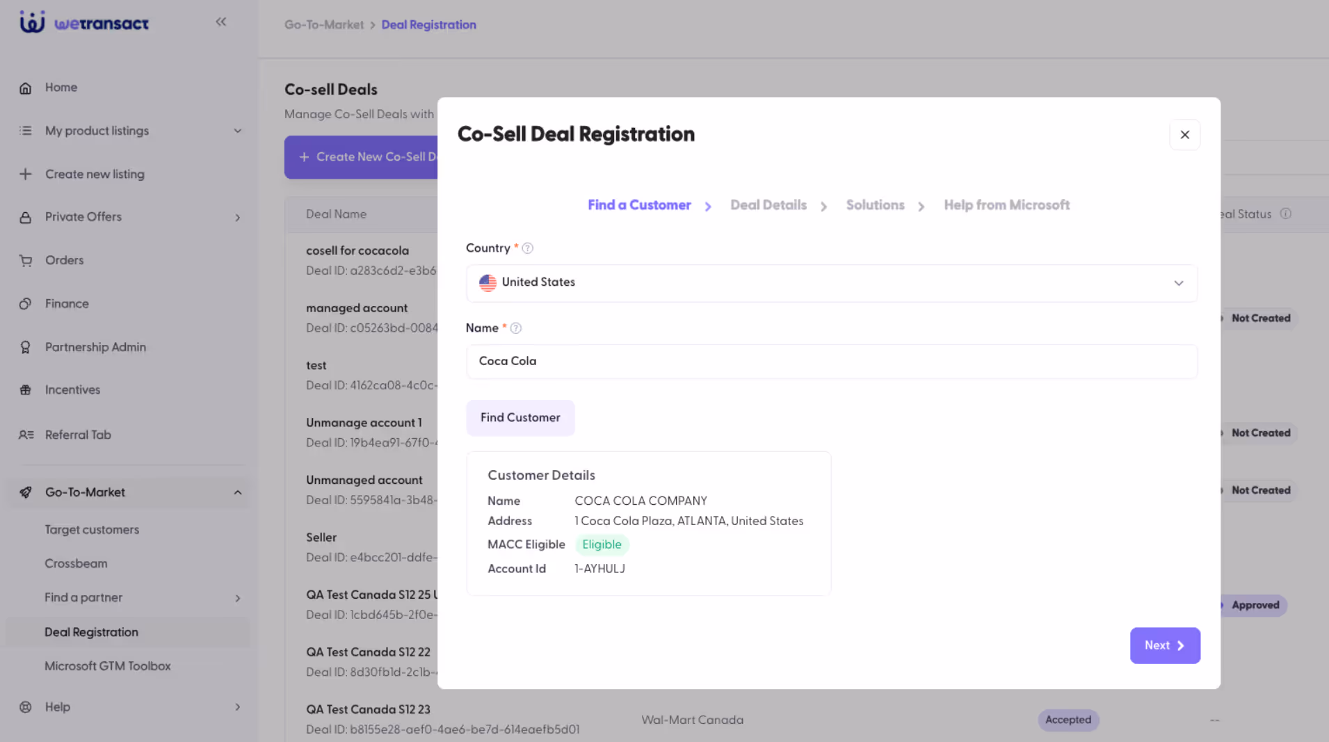 Deal Registration Screenshot