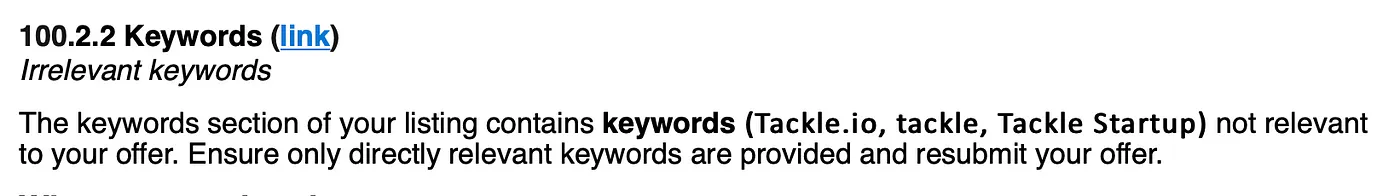 An image featuring labeled text titled "Delisting Reason," indicating irrelevant keywords as the reason.
