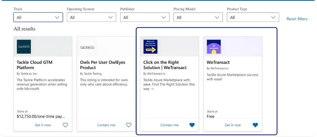 An image of sample results for "Tackle on Azure Marketplace" as a relevant keyword