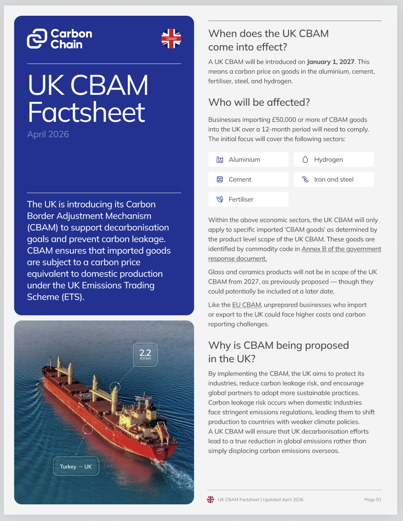 Free UK CBAM factsheet; get a detailed breakdown of the CBAM requirements for importers and installations