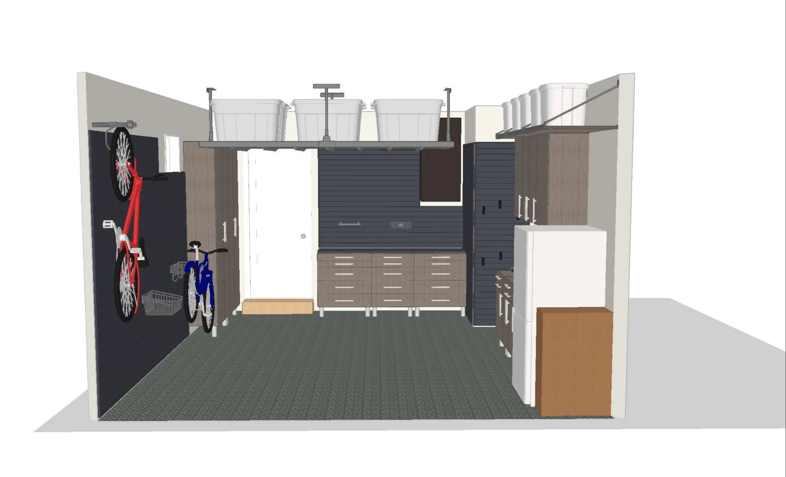 3D garage design showing cabinets, a workbench, bike storage, and overhead bins