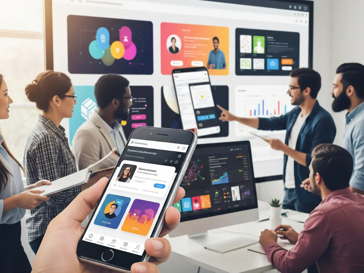 Many people working on app and software