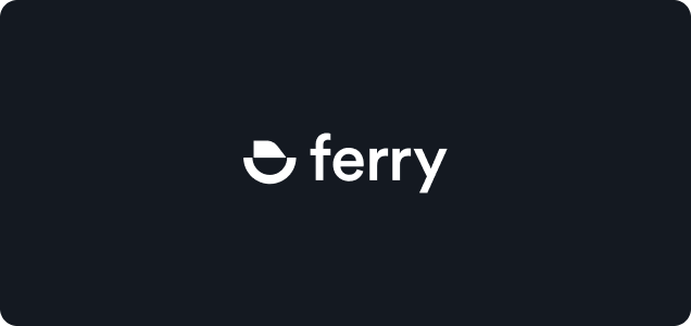 Logo of Ferry, featuring stylized text 'Ferry' in white with a blue background with an emblem of smile to the left.