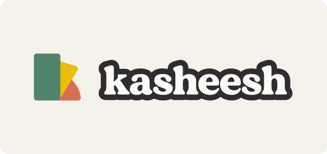 Logo of Kasheesh, featuring stylized text 'Kasheesh' in gray with an graphic of three cards in green, yellow, and red to the left.