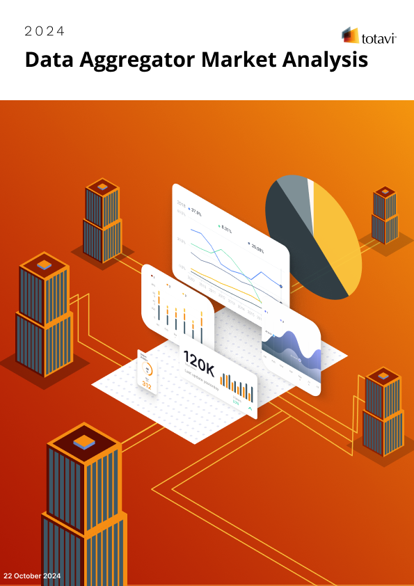 A report cover, featuring stylized text 'Data Aggregator Market Analysis' in black with a logo of Totavi underneath it. There is a blackground of various data centers.