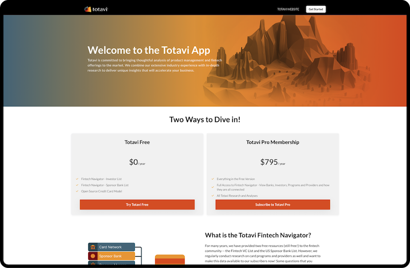 Totavi App homepage featuring Totavi logo and mountains