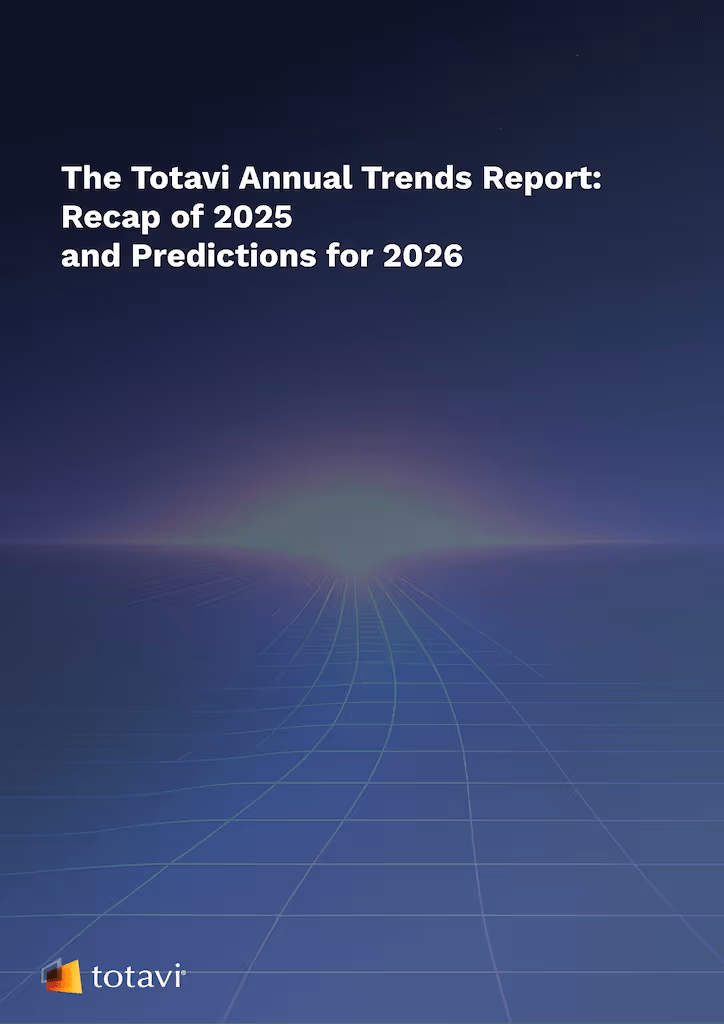 Cover of The Totavi Annual Trends Report with white text on a blue grid background fading into a light horizon and Totavi logo at the bottom left.