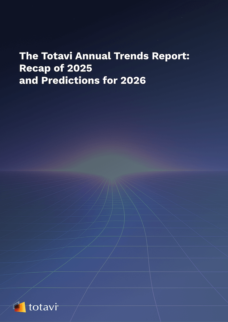Cover of The Totavi Annual Trends Report with white text on a blue grid background fading into a light horizon and Totavi logo at the bottom left.