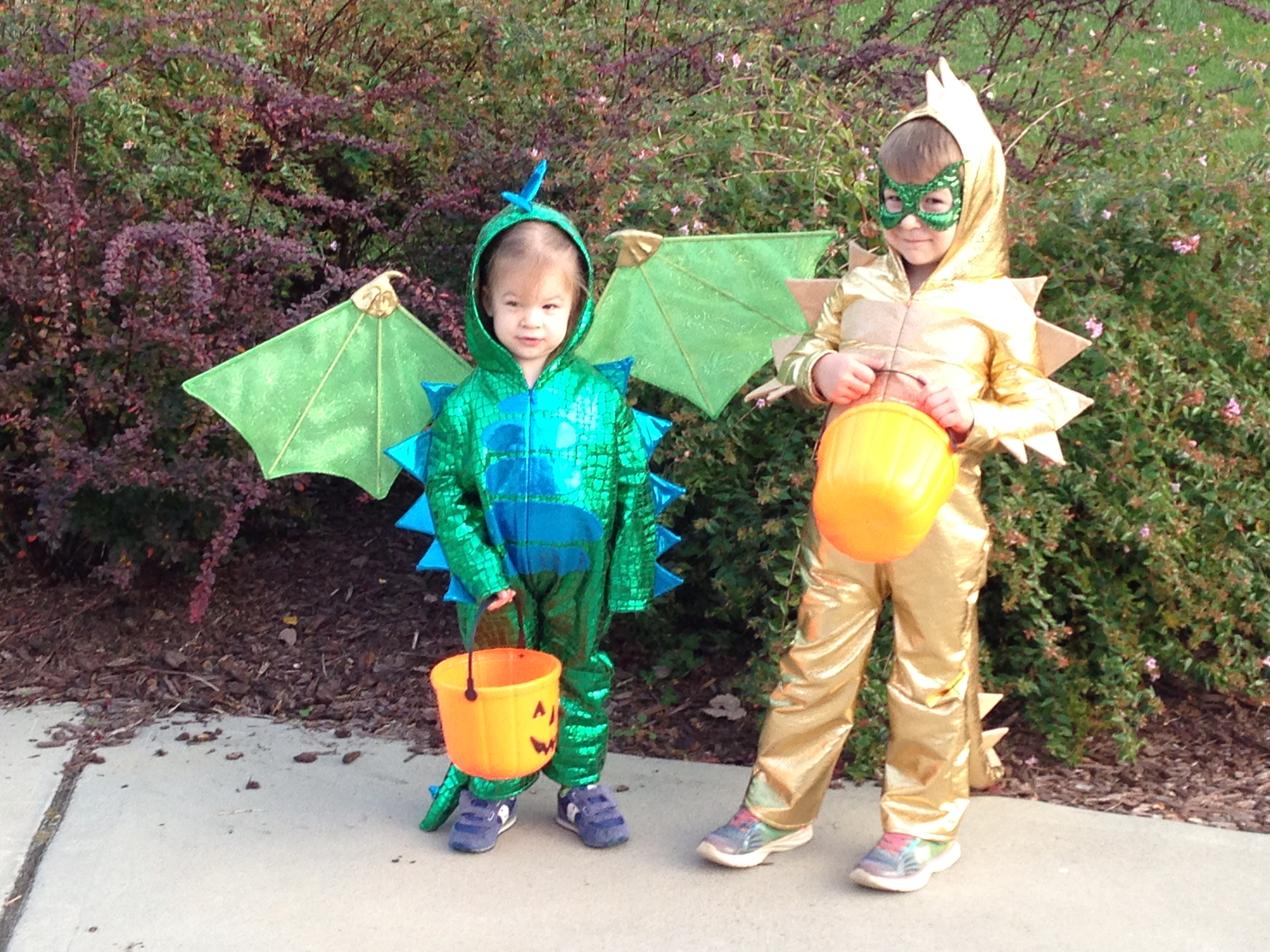 two children dressed for halloween, one as a green dragon and the other as a gold dragon